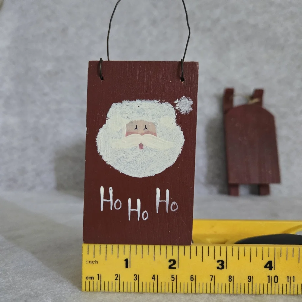 VTG Handpainted Wood Ornaments 3PCS Burgundy Snowflake Basket/Sled/Santa Block